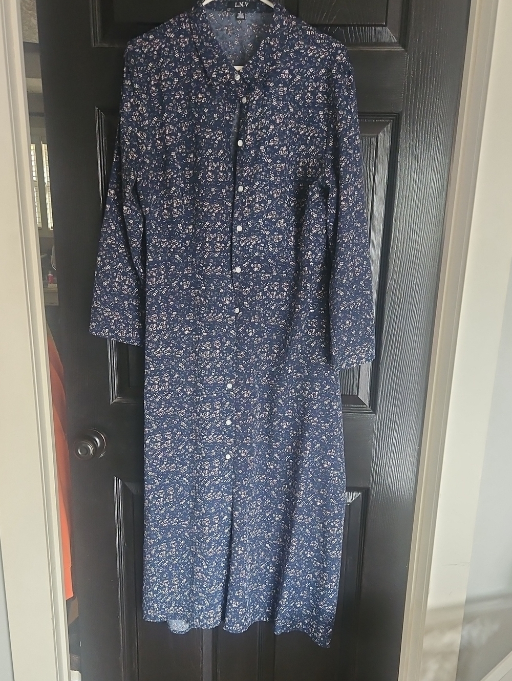 L.N.V. Navy Floral Button-Up Midi Dress